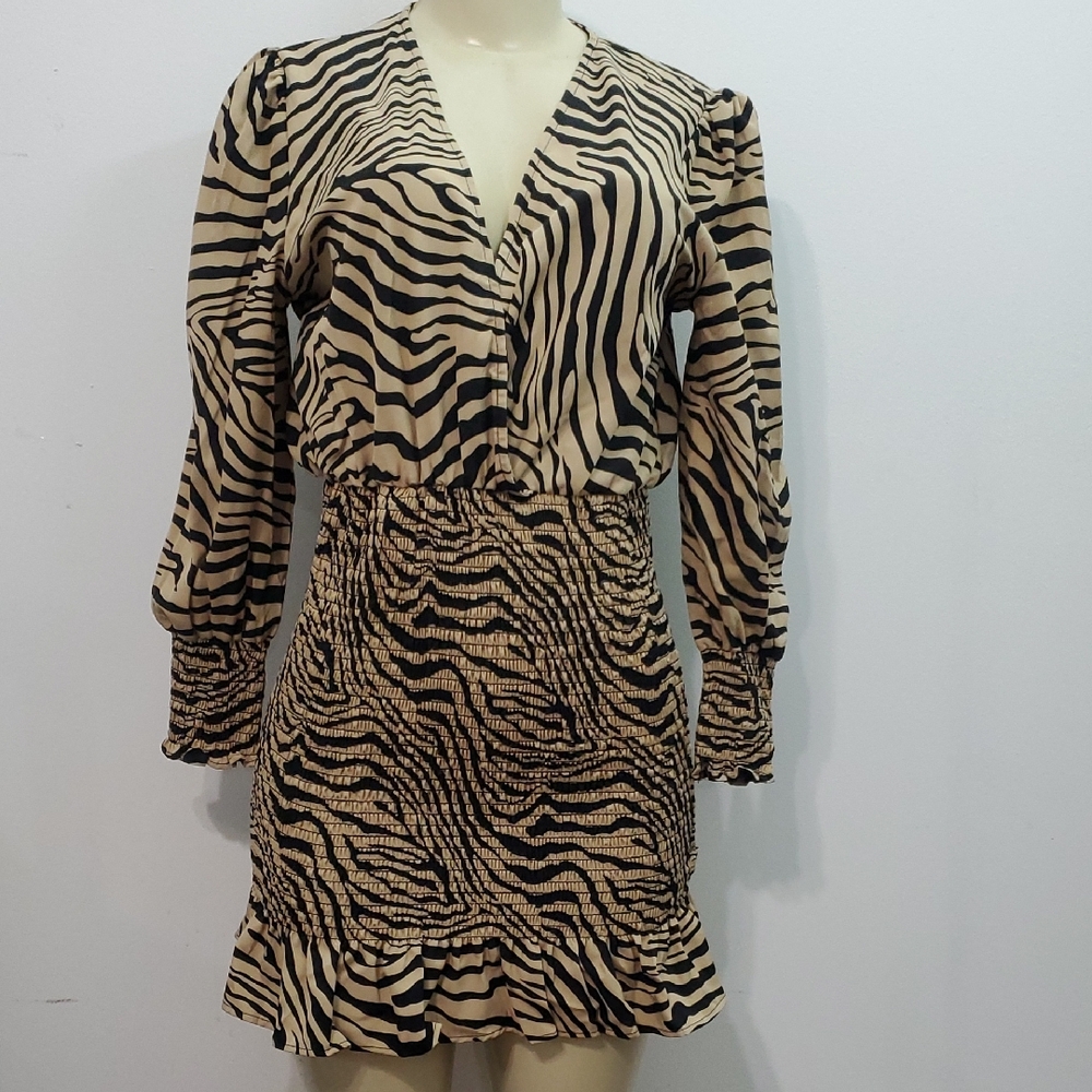 Black and Cream Sheath Dress with Plunge Neck and Bishop Sleeves